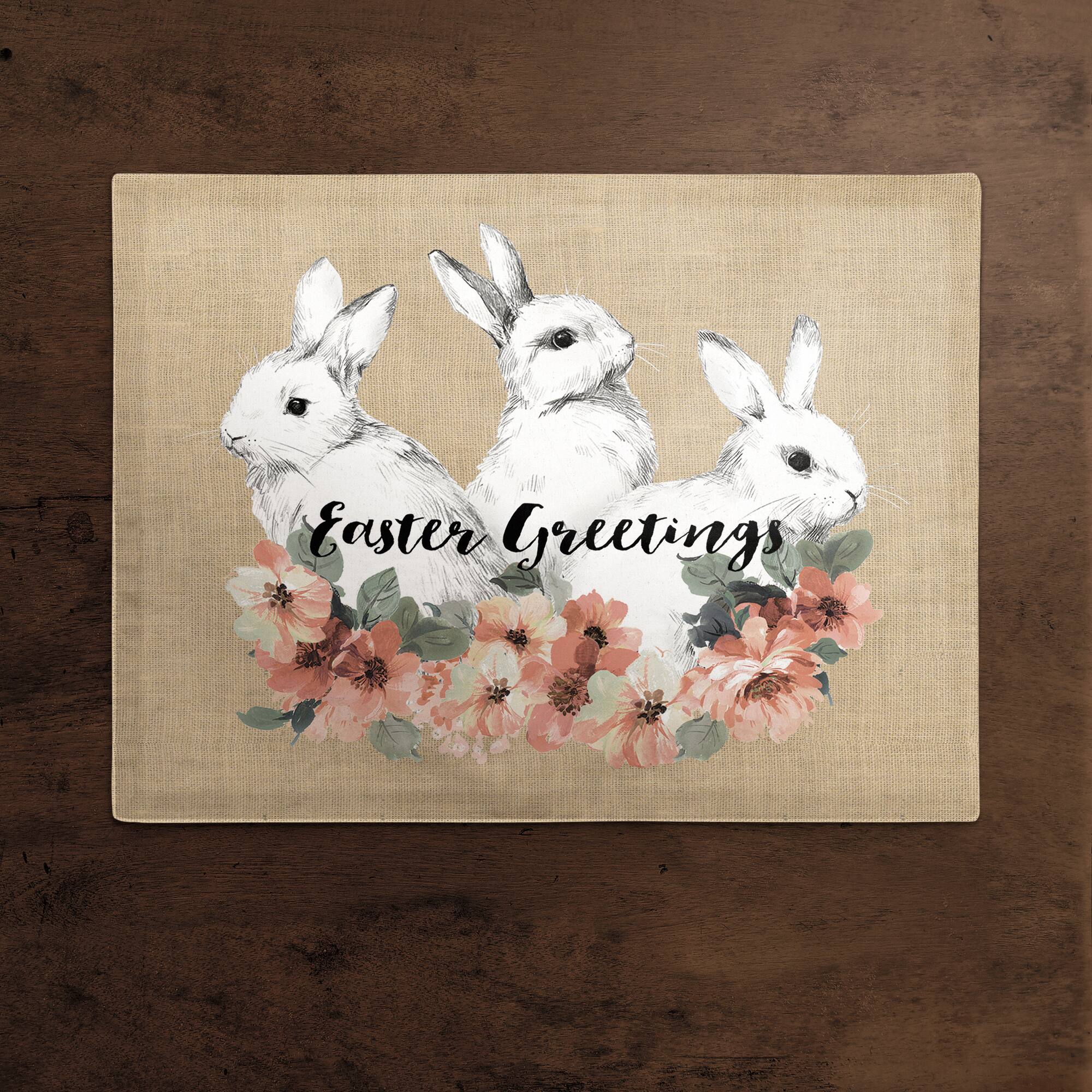 Sketched Bunnies On White Burlap 18" x 14" Poly Twill Placemat